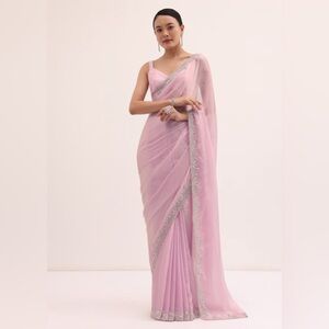 Kalki Pink Embroidered Chiffon Saree with Stitched Blouse